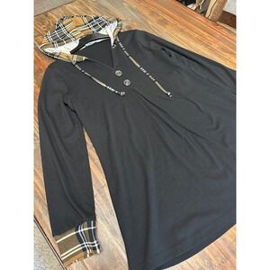 Lotusmile Hooded Tunic Hoodie Plaid Trim Long Sleeve‎ Casual Black Woman Medium